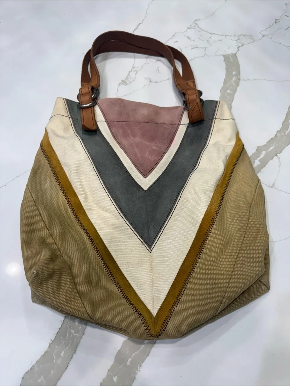 FOSSIL VINTAGE Canvas Chevron Hobo Bag in Tan, Cream, Gray & Pink